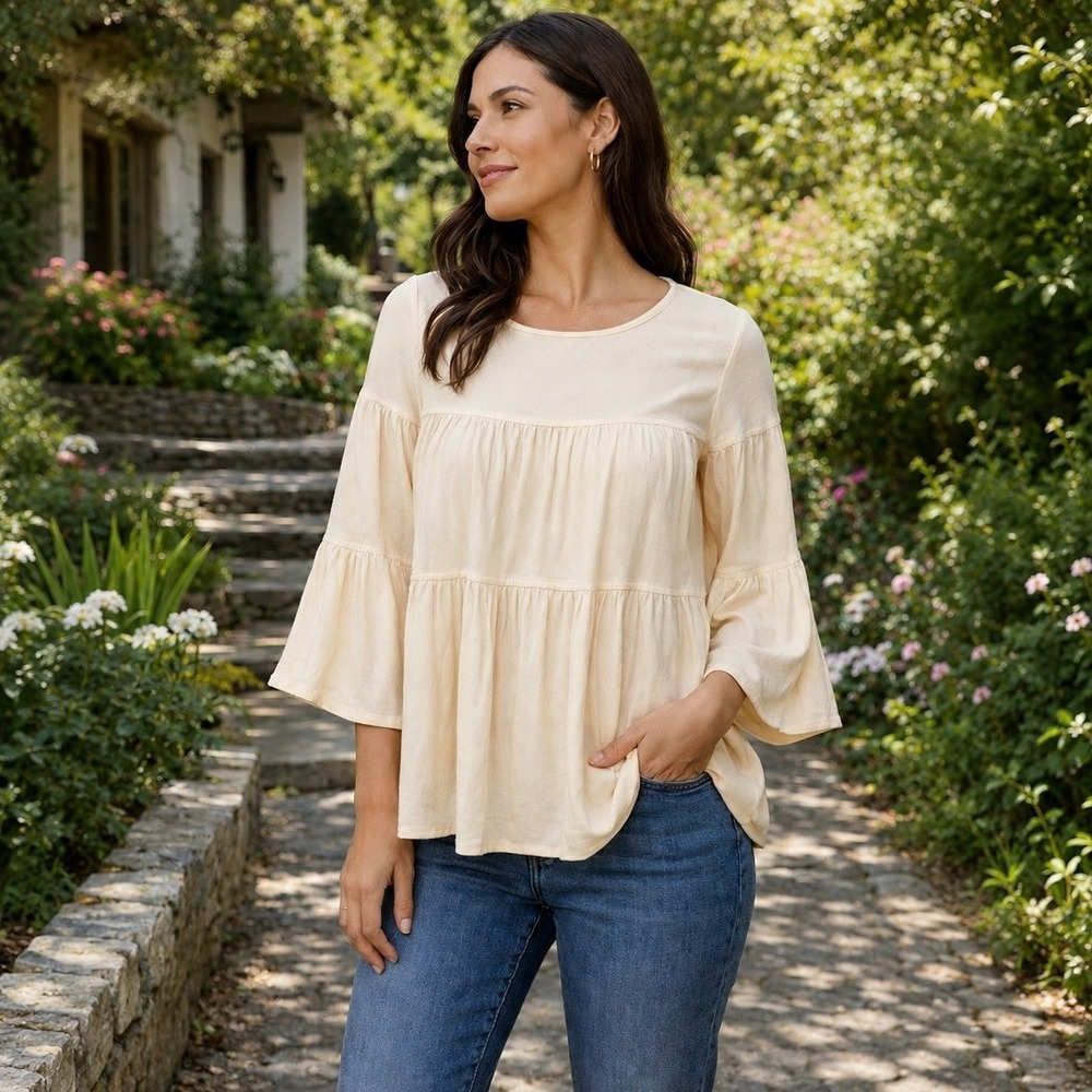 Madewell Ivory Tiered Babydoll Blouse Flutter Sleeve Viscose Womens Small